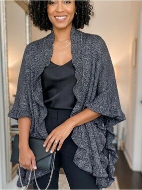 Just Jamie Metallic Silver Ruffle Knit Poncho Cardigan One Size Cape Elegant